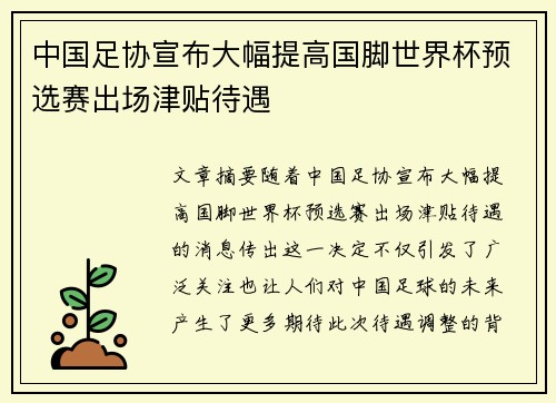 中国足协宣布大幅提高国脚世界杯预选赛出场津贴待遇