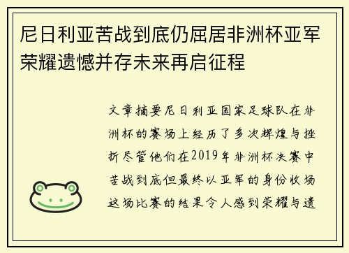 尼日利亚苦战到底仍屈居非洲杯亚军荣耀遗憾并存未来再启征程